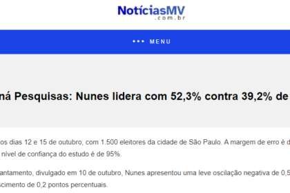 Notícias MV cita pesquisa realizada pela Paraná Pesquisa em São Paulo.