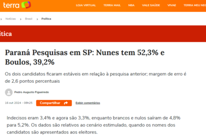 Portal Terra cita pesquisa realizada pela Paraná Pesquisas em São Paulo.