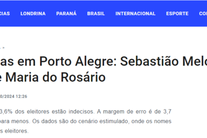 Paiquerê FM cita pesquisa realizada pela Paraná Pesquisas em Porto Alegre.