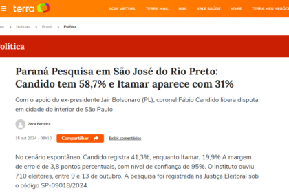 Portal Terra cita pesquisa realizada pela Paraná Pesquisas em São José do Rio Preto.