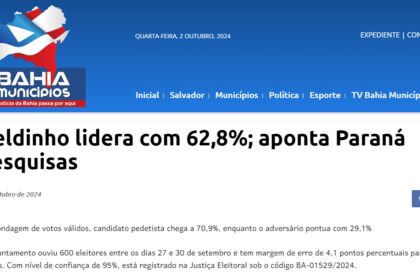 Bahia Municípios cita pesquisa realizada pela Paraná Pesquisas em Euclides da Cunha.