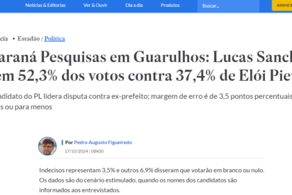 Estadão cita pesquisa realizada pela Paraná Pesquisas em Guarulhos.