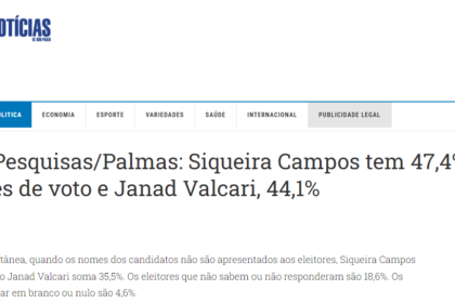 Diário de Notícias cita pesquisas realizada pela Paraná Pesquisas em Palmas.