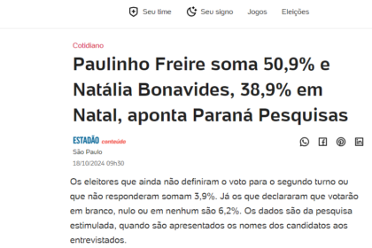 UOL Notícias cita pesquisas realizada pela Paraná Pesquisas em Natal.