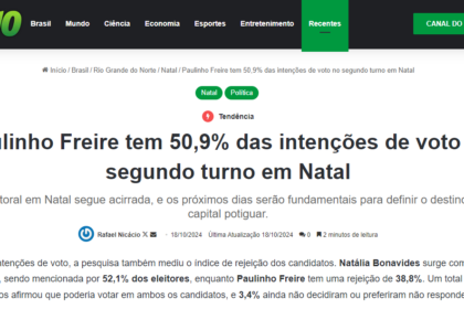 Portal N10 cita pesquisa realizada pela Paraná Pesquisas em Natal.