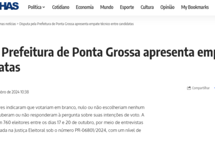 Brasil em Folhas cita pesquisa realizada pela Paraná Pesquisas em Ponta Grossa.