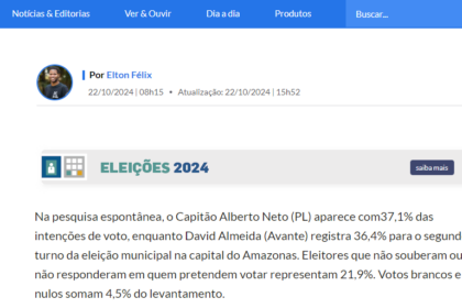 Estadão cita pesquisa realizada pela Paraná Pesquisas em Manaus.