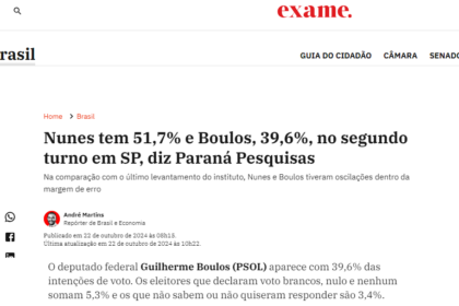 Exame cita pesquisa realizada pela Paraná Pesquisas em São Paulo.
