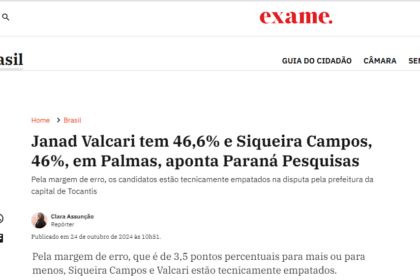 Exame cita pesquisa realizada pela Paraná Pesquisas em Palmas.