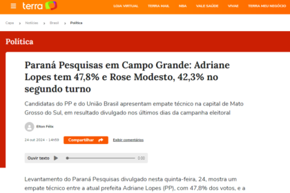 Portal Terra cita pesquisa realizada pela Paraná Pesquisas em Campo Grande.