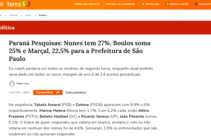 Portal Terra cita pesquisa realizada pela Paraná Pesquisas em São Paulo.