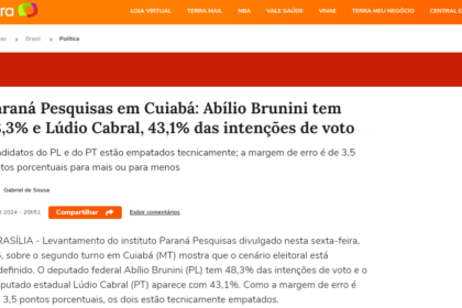 Portal Terra cita pesquisa realizada pela Paraná Pesquisas em Cuiabá.