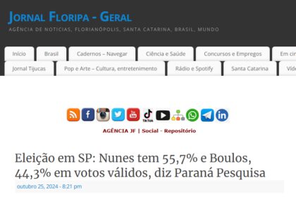 Jornal Floripa cita pesquisa realizada pela Paraná Pesquisas em São Paulo.