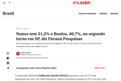 Exame cita pesquisa realizada pela Paraná Pesquisas em São Paulo.