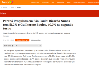 Portal Terra cita pesquisa realizada pela Paraná Pesquisas em São Paulo.