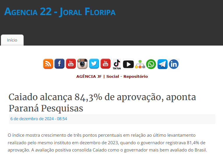 Agência 22 -Jornal Floripa cita pesquisa realizada pela Paraná Pesquisas.