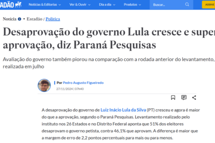 Estadão cita pesquisa realizada pela Paraná Pesquisas.