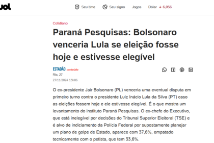 UOL Notícias cita pesquisa realizada pela Paraná Pesquisas.