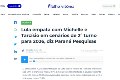 Folha Vitória cita pesquisa realizada pela Paraná Pesquisas.