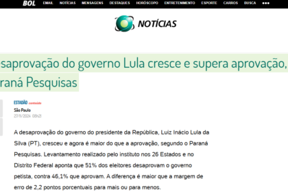 BOL Notícias cita pesquisa realizada pela Paraná Pesquisas.