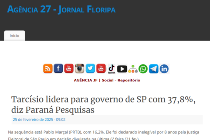 Agência 27 - Jornal Floripa cita pesquisa realizada pela Paraná Pesquisas no Estado de São Paulo.