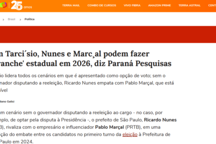 Portal Terra cita pesquisa realizada pela Paraná Pesquisas no Estado de São Paulo.