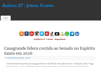 Agência 27 - Jornal Floripa cita pesquisa realizada pela Paraná Pesquisas.