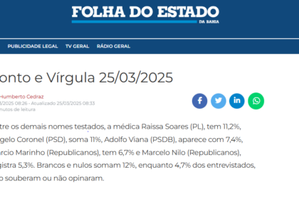 Folha do Estado cita pesquisa realizada pela Paraná Pesquisas no Estado da Bahia.