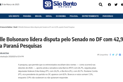 São Bento em Foco cita pesquisa realizada pela Paraná Pesquisas no Distrito Federal.