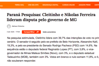 Terra cita pesquisa realizada pela Paraná Pesquisas no Estado de Minas Gerais.