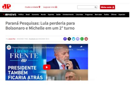 Jovem Pan cita pesquisa realizada pela Paraná Pesquisas.