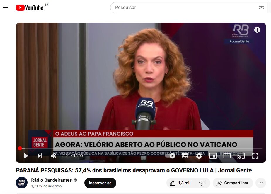 Rádio Bandeirantes cita pesquisa realizada pela Paraná Pesquisas.