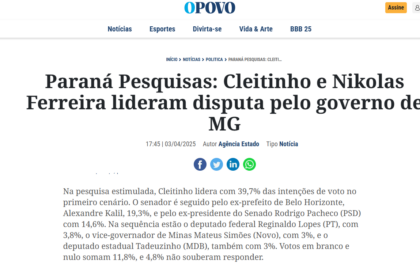 O Povo cita pesquisa realizada pela Paraná Pesquisas no Estado de Minas Gerais.