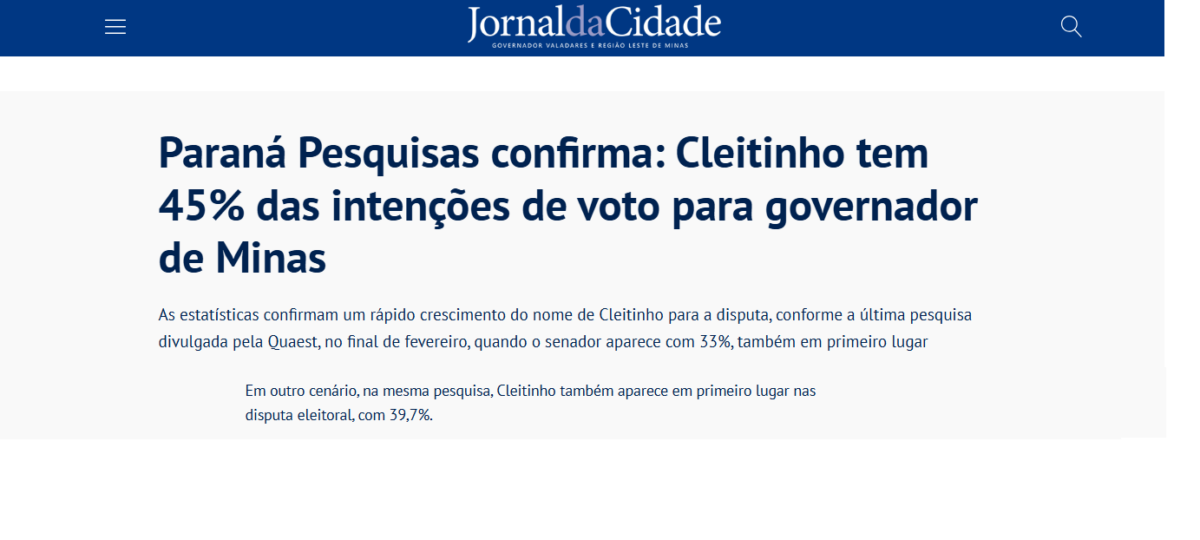Jornal da Cidade cita pesquisa realizada pela Paraná Pesquisas no Estado de Minas Gerais. 2 image 115