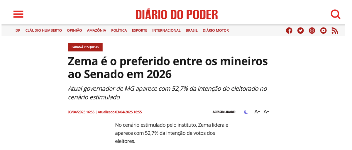 Diário do Poder cita pesquisa realizada pela Paraná Pesquisas no Estado de Minas Gerais. 2 image 120