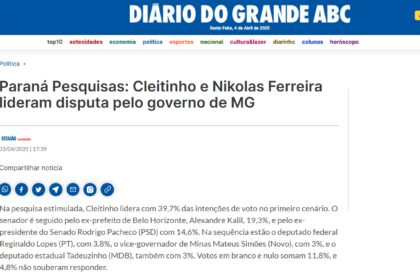 Diário do Grande ABC cita pesquisa realizada pela Paraná Pesquisas no Estado de Minas Gerais.