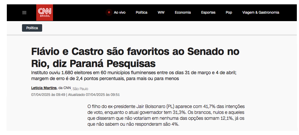 CNN Brasil cita pesquisa realizada pela Paraná Pesquisas no Estado do Rio de Janeiro. 2 image 138