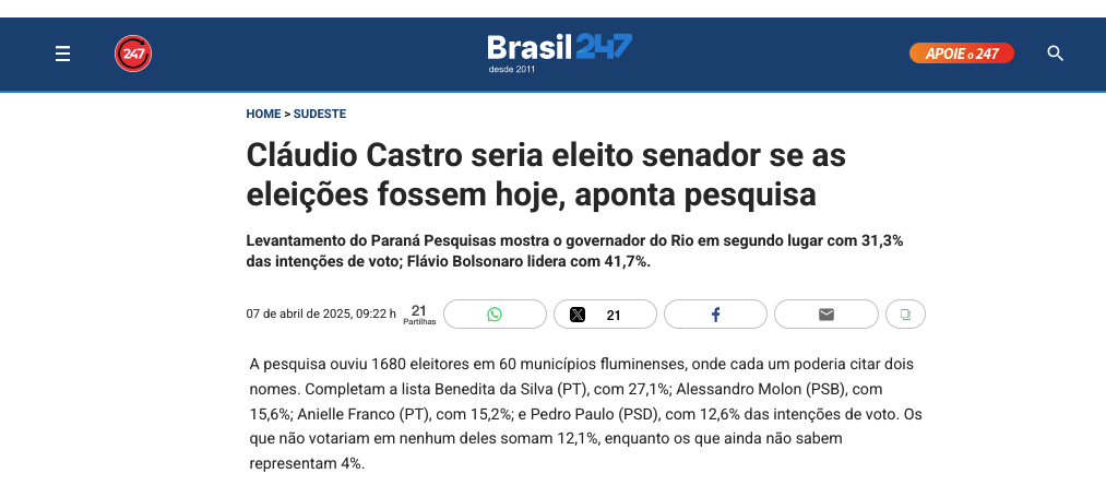 Brasil 247 cita pesquisa realizada pela Paraná Pesquisas no Estado do Rio de Janeiro. 2 image 146