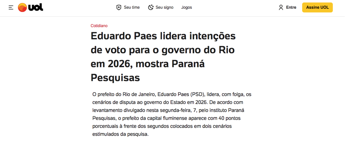 UOL Notícias cita pesquisa realizada pela Paraná Pesquisas no Estado do Rio de Janeiro. 2 image 147