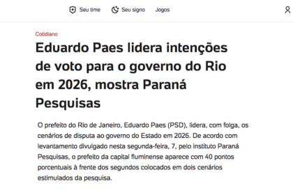 UOL Notícias cita pesquisa realizada pela Paraná Pesquisas no Estado do Rio de Janeiro.