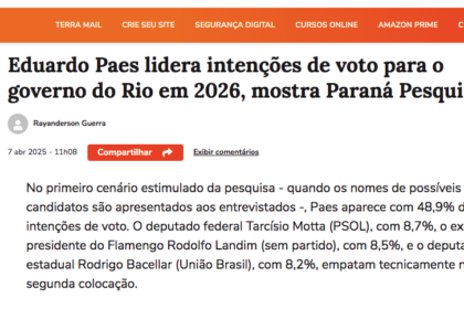 Terra cita pesquisa realizada pela Paraná Pesquisas no Estado do Rio de Janeiro.