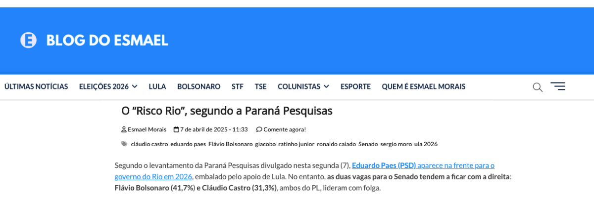 Blog do Esmael cita pesquisa realizada pela Paraná Pesquisas no Estado do Rio de Janeiro.