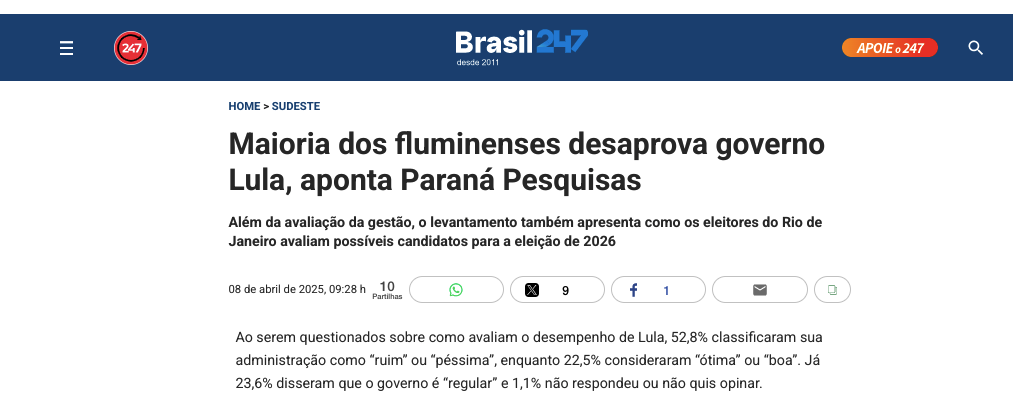 Brasil 247 cita pesquisa realizada pela Paraná Pesquisas no Estado do Rio de Janeiro. 2 image 174