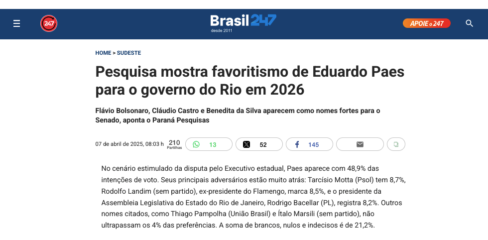 Brasil 247 cita pesquisa realizada pela Paraná Pesquisas no Estado do Rio de Janeiro. 2 image 177