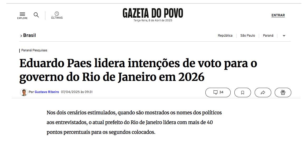 Gazeta do Povo cita pesquisa realizada pela Paraná Pesquisas no Estado do Rio de Janeiro. 2 Gazeta do Povo cita pesquisa realizada pela Paraná Pesquisas no Estado do Rio de Janeiro.