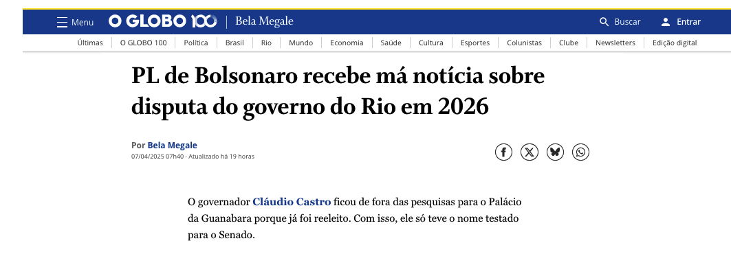 O Globo cita pesquisa realizada pela Paraná Pesquisas no Estado do Rio de Janeiro. 2 image 186