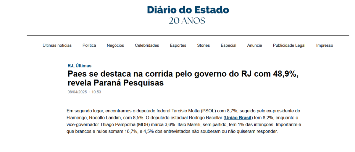 Diário do Estado cita pesquisa realizada pela Paraná Pesquisas no Estado do Rio de Janeiro. 2 image 196