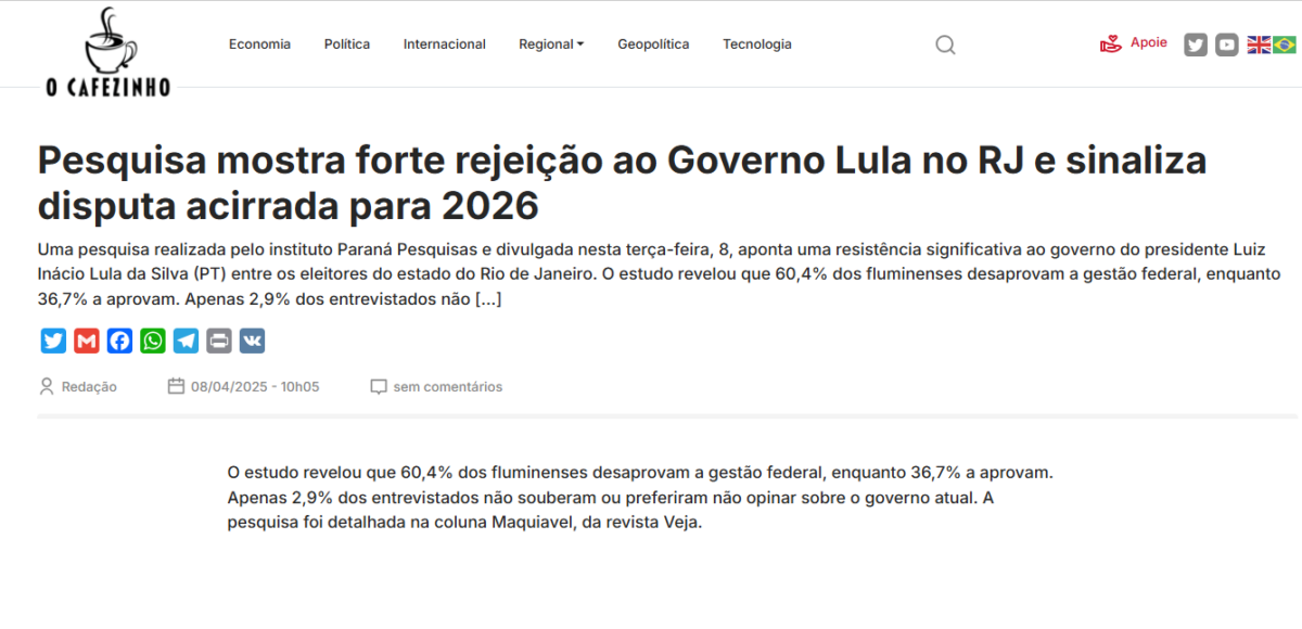 O Cafezinho cita pesquisa realizada pela Paraná Pesquisas no Estado do Rio de Janeiro. 2 image 197