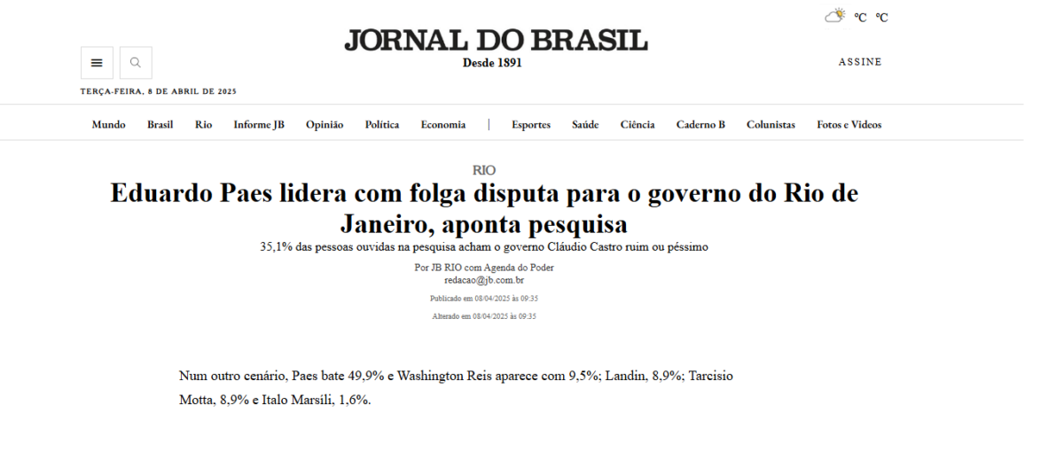 Jornal do Brasil cita pesquisa realizada pela Paraná Pesquisas no Estado do Rio de Janeiro. 2 image 199