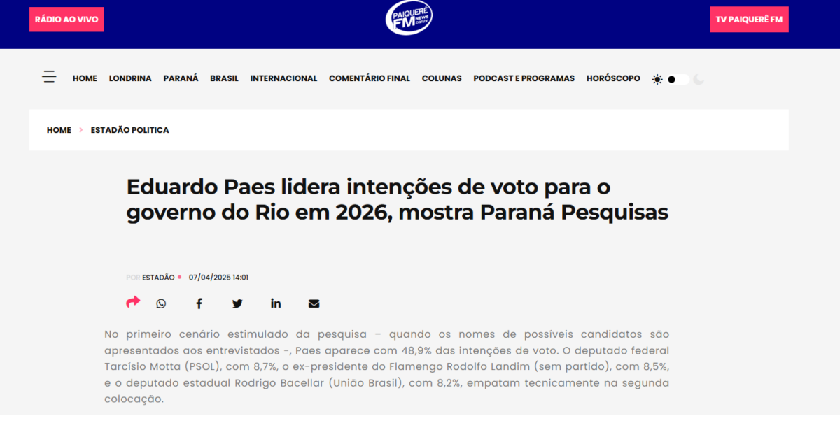 Paquerê FM cita pesquisa realizada pela Paraná Pesquisas no Estado do Rio de Janeiro. 2 image 206